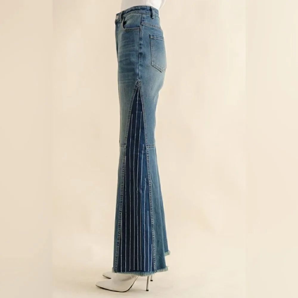 Rhinestone Stripe Side Panel Denim Jeans